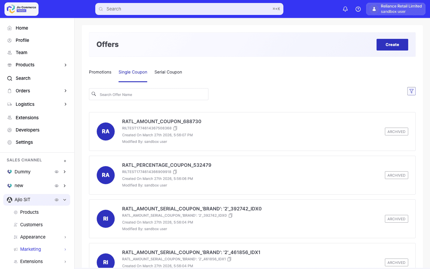 Coupon listing page with status filter set to Archived