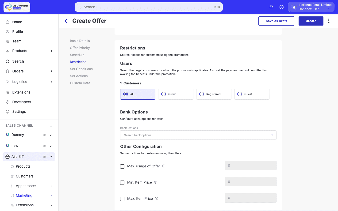 Coupon creation form with payment restriction section expanded