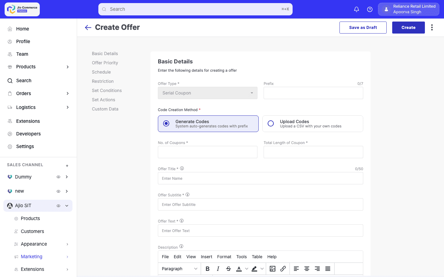 Create Offer form: Basic Details