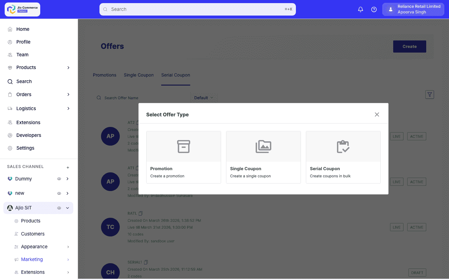Select Offer Type modal