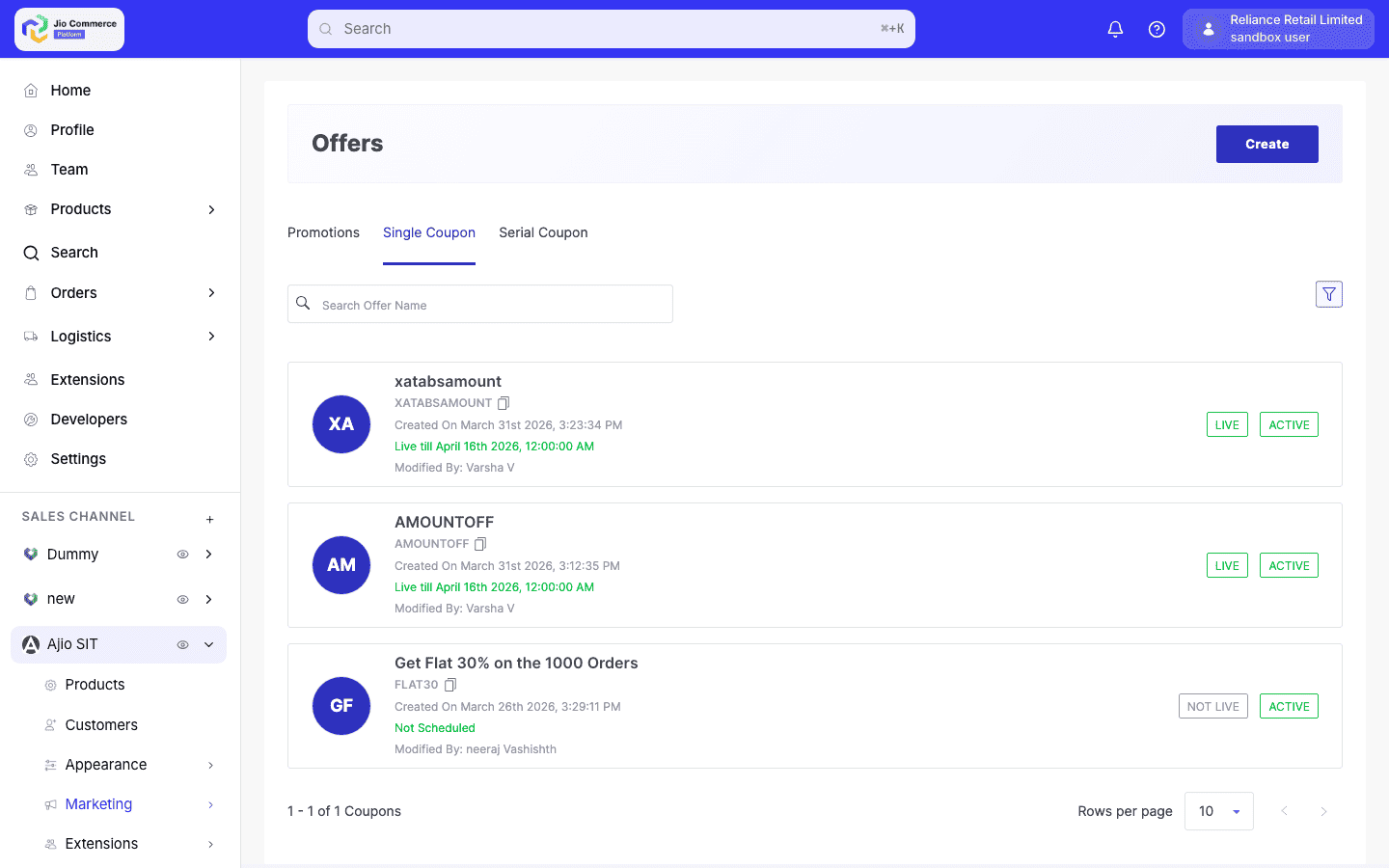 Coupons listing page with Create button