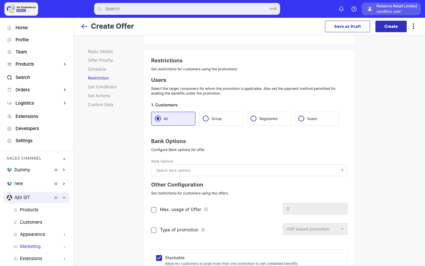 Promotion creation form with payment restriction section expanded