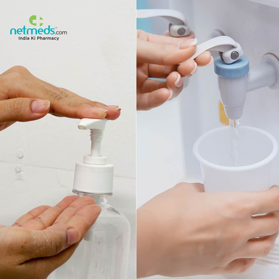 Using hand sanitizer and filling water in a cup