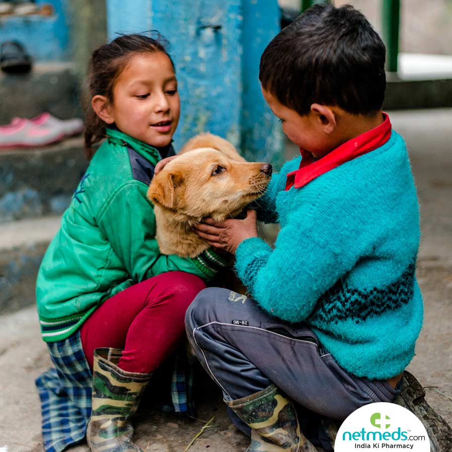 a girl and a boy petting a dog