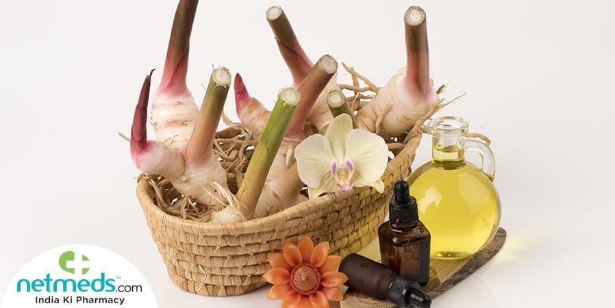 Galangal in a basket and galangal oil