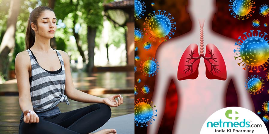 Woman doing breathing exercise and picture of lungs