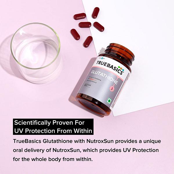 Truebasics Glutathione with Nutroxsun, Biotin and Vitamin E, for Healthy  And Youthful Skin, Clinically Researched Ingredients, 30 Glutathione  Tablets 