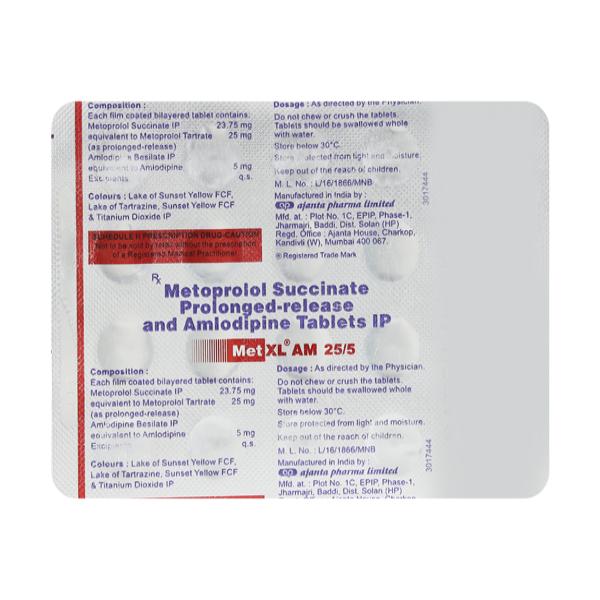 MET XL AM 25/5mg Tablet 20's : Price, Uses, Side Effects | Netmeds