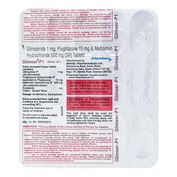Glimser P 1/500/15mg Tablet 15'S : Price, Uses, Side Effects | Netmeds