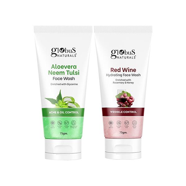 Buy Globus Naturals Face Care Combo- Acne & Oil Control Aloe Vera Neem  Tulsi, Wrinkle Control Red Wine Face Wash 75gm each 2's Online at  Discounted Price | Netmeds