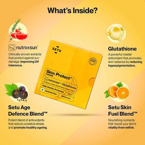 Setu Skin Protect - First Drinkable Sunshield with Plant Based NutroxSun &  Glutathione (30 Sachets, Strawberry) 1's