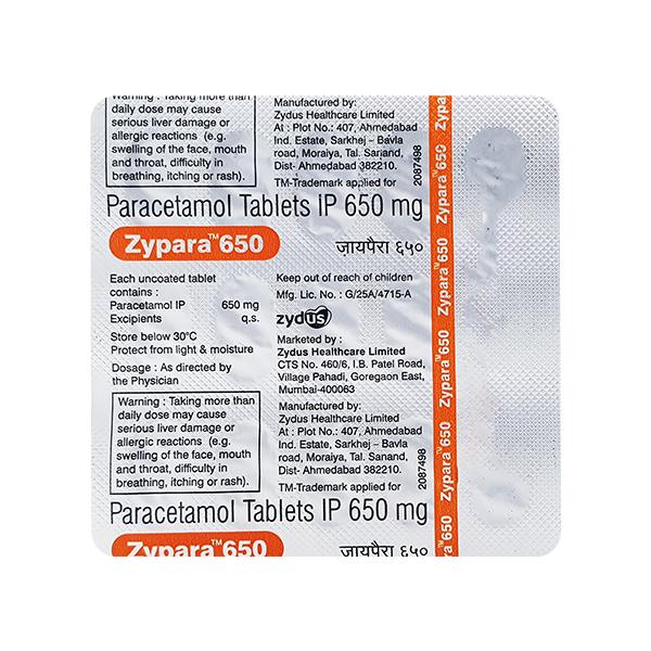 ZYPARA 650 Tablet 15's Price, Uses, Side effects, Substitutes | Netmeds
