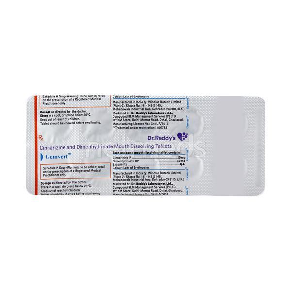 Gemvert Tablet 10'S Price, Uses, Side effects, Substitutes | Netmeds