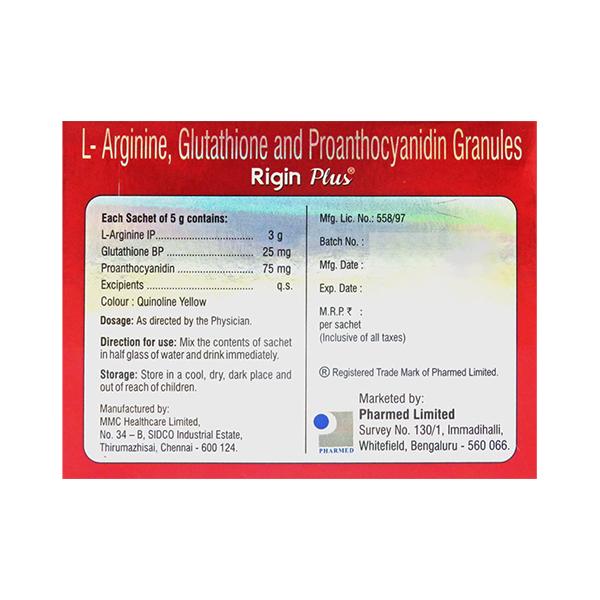 l arginine glutathione and proanthocyanidin granules Rigin plus Sugar Free Apple Flavour Sachet 5gm Price, Uses, Side effects,  Substitutes