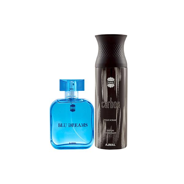 Ajmal Blu Dreams EDP Citurs Fruity Perfume And Carbon Homme Deodorant  Citrus Spicy Fragrance 300 ml
