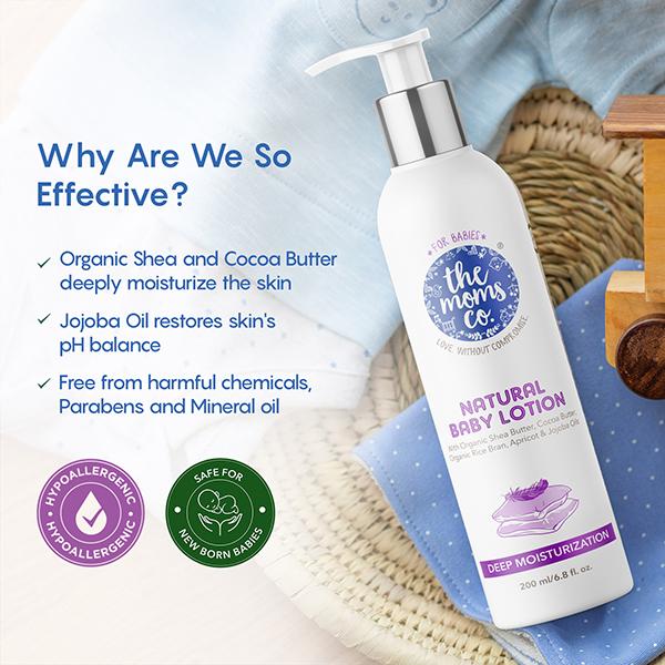 The Moms Natural Baby Lotion with Organic Shea Butter Cocoa Butter,  Organic Rice Bran, Apricot and Jojoba Oils 200ml