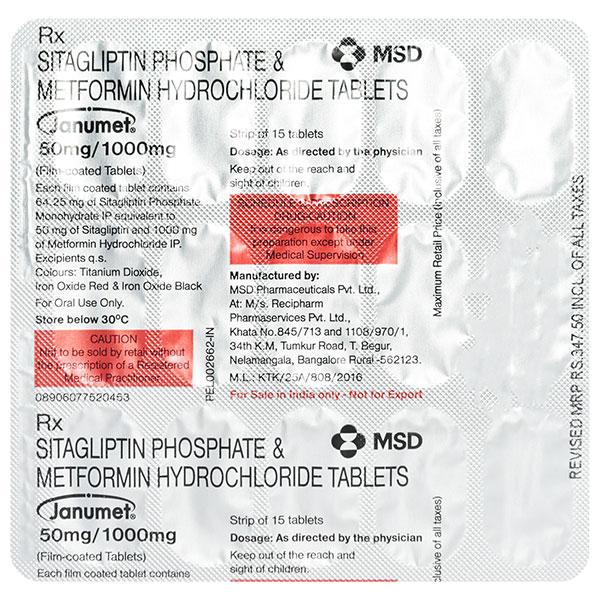 Janumet 50/1000mg Tablet 15'S Price, Uses, Side Effects Netmeds