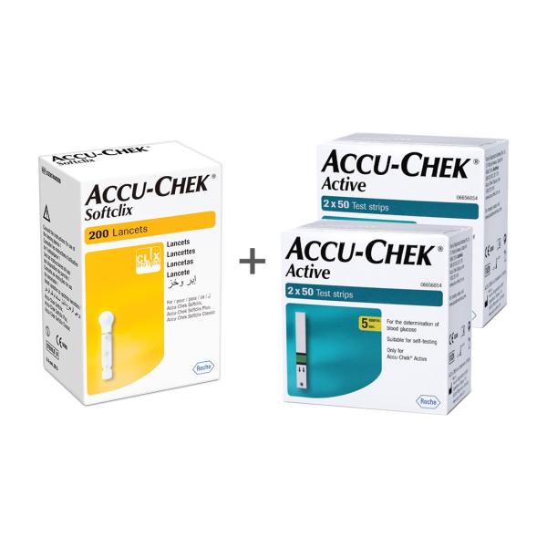 Accu-Chek Active Test Strips (Pack of 2 x 50's) + Accu-Chek Softclix ...