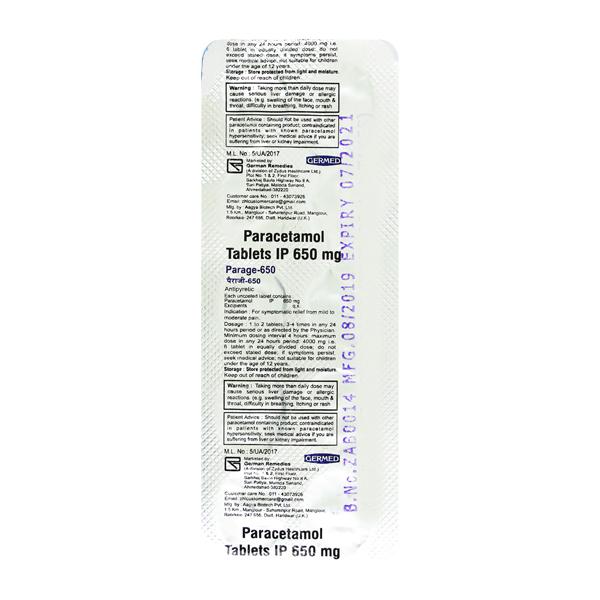 PARAGE 650mg Tablet 10's : Uses, Side Effects, Price | Netmeds