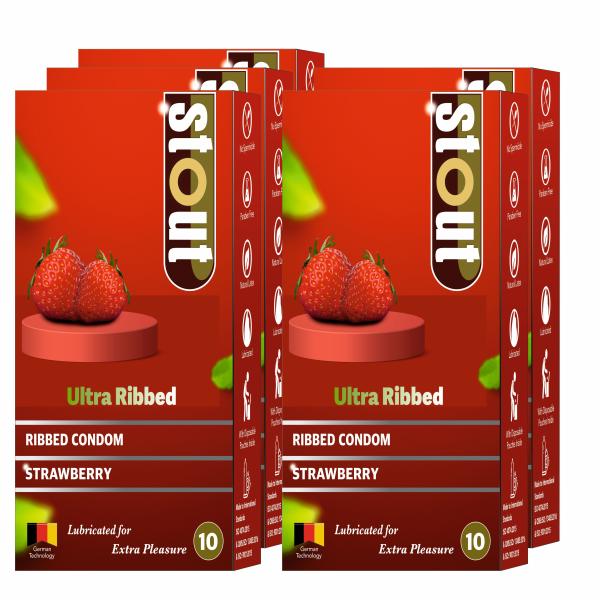 Stout Ultra Ribbed Condoms - Strawberry (Pack of 5 x 10's) 1's