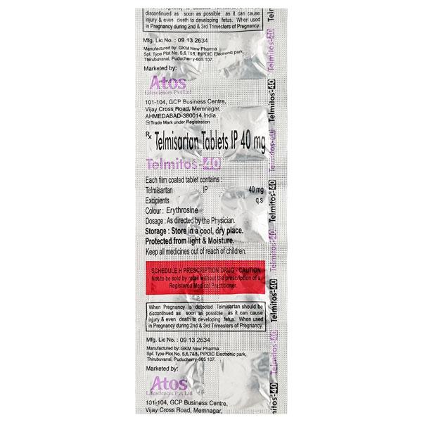 TELMITOS 40 Tablet 10's Price, Uses, Side effects, Substitutes | Netmeds