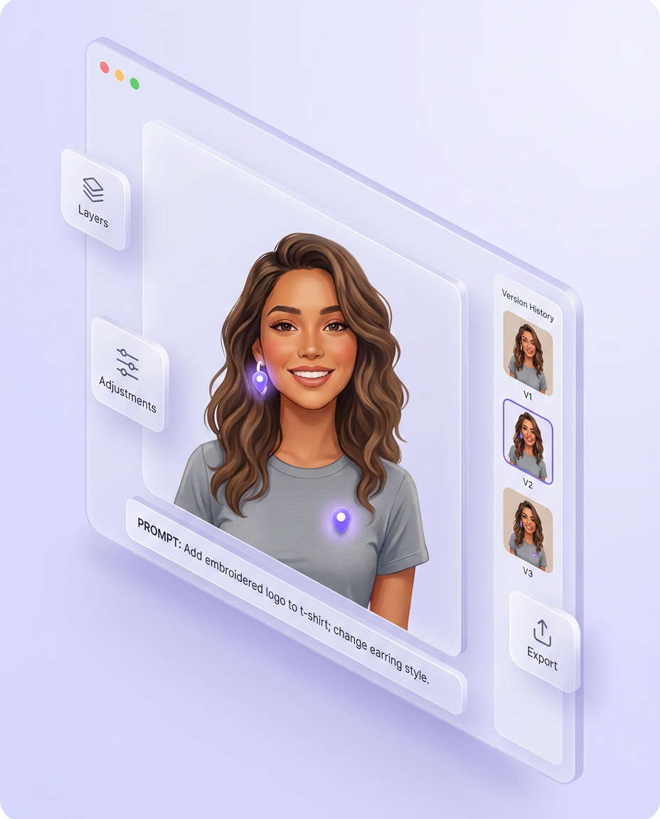 Editing an AI persona with prompt and localised visual controls in PixelBin