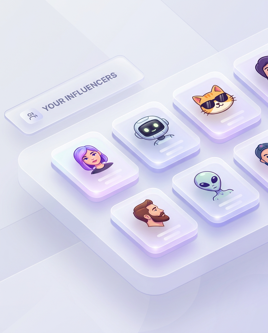 AI Influencer library showing reusable saved AI persona characters