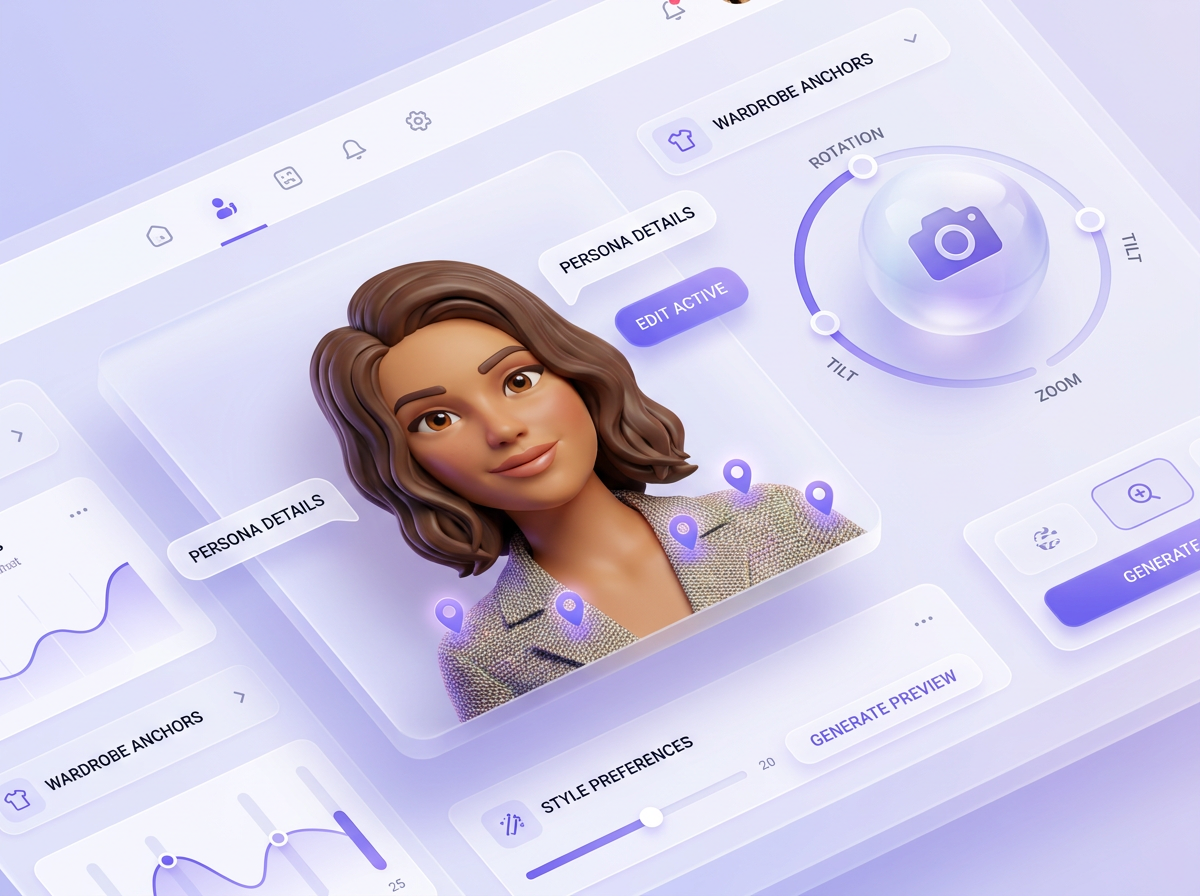 Editing an AI persona with prompt, visual anchor, camera angle, and adjust