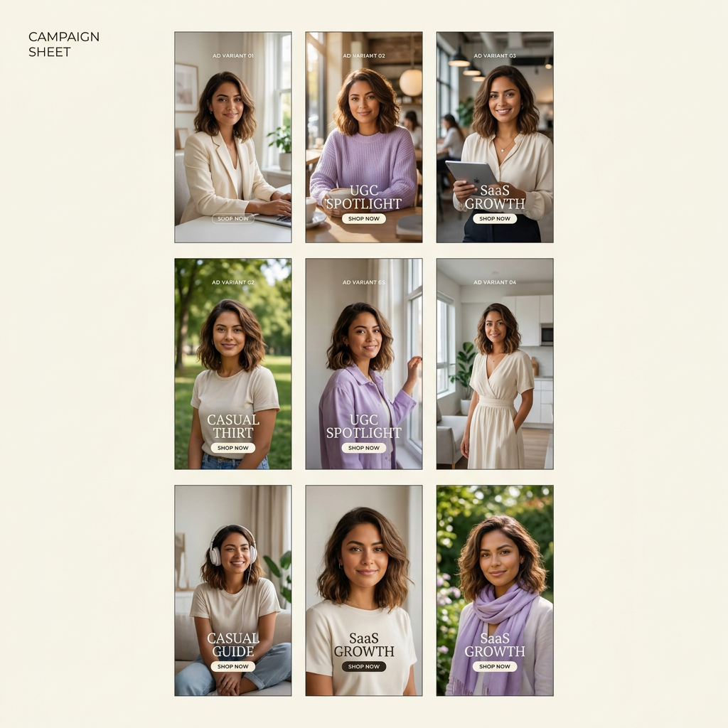 AI UGC ad variants generated from one reusable AI persona for Meta and TikTok