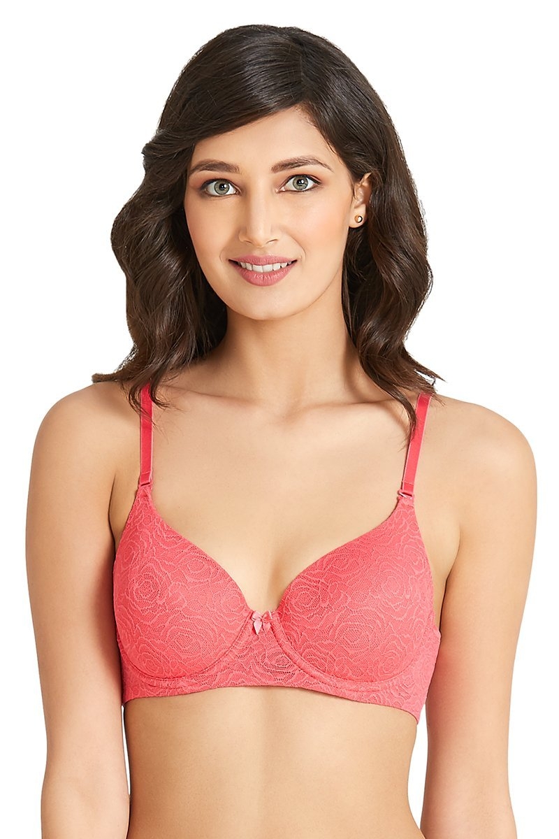 Smooth Romance Lace Seamless Padded Wired T-Shirt Bra - Rouge Red
